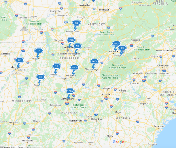 Charging network map of the southeast
