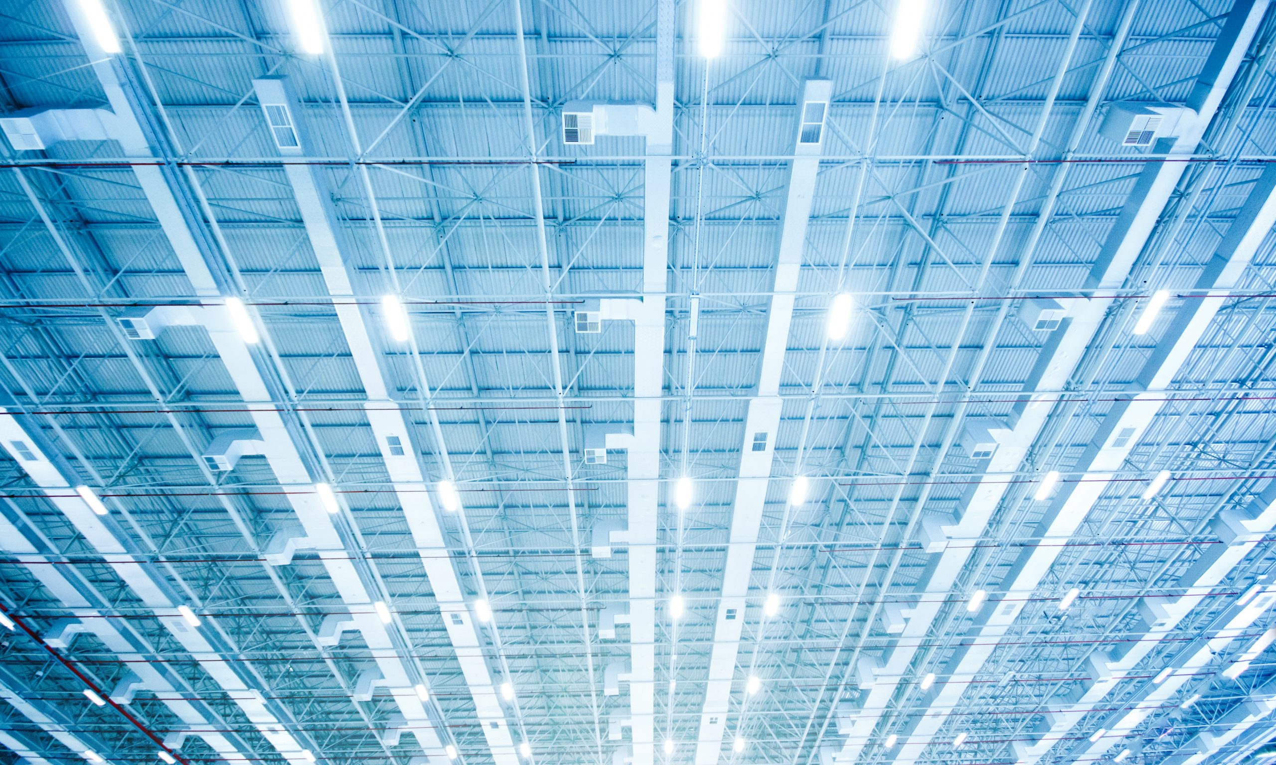 blue ceiling with rows of LED light strips