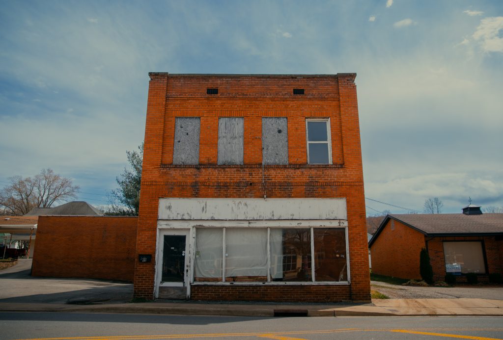 Unoccupied brick storefront in Erwin, TN