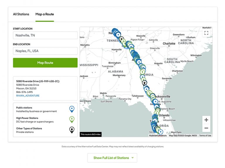 Map of EV charging stations from Nashville, TN to Naples, FL.