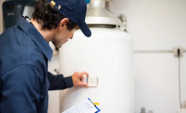 Man adjusting the temperature settings on a heat pump water heater.