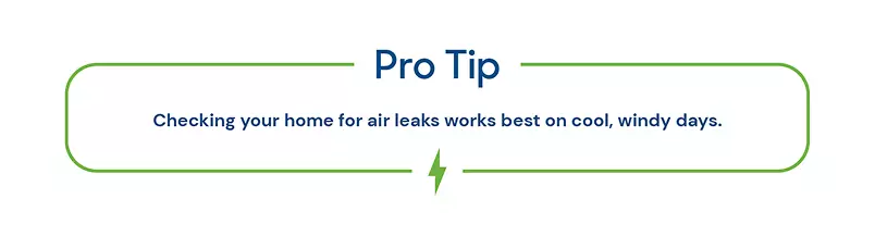 Graphic element that reads: Pro energy efficiency tip for renters: Checking your home for air leaks works best on cool, windy days.