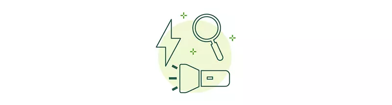 Graphic element showing a lightning bold, magnifying glass and flashlight.