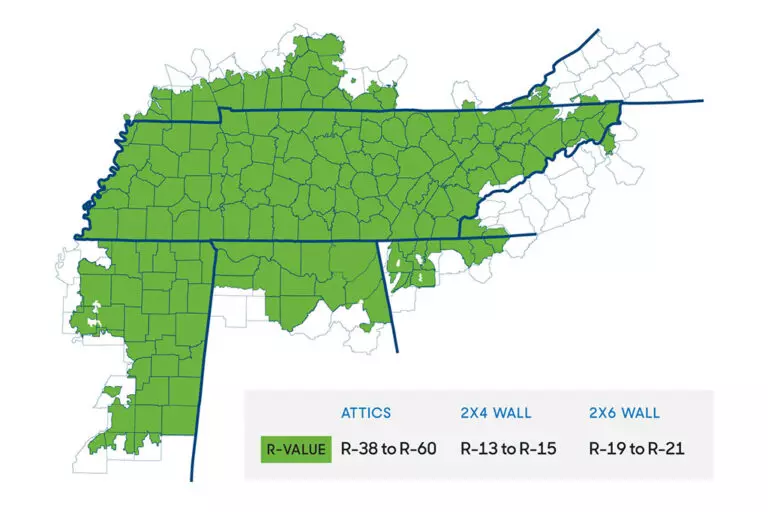 Illustration of the seven-state Tennessee Valley, showing recommended R-factor for insulation.