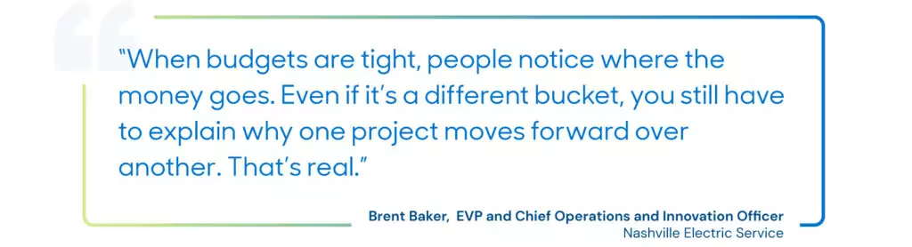 Graphic element: "When budgets are tight, people notice where the money goes. Even if it's a different bucket, you still have to explain why one project moves forward over another. That's real." -- Bret Baker, EVP and CO and IO NES