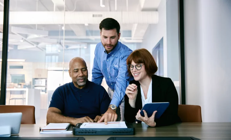 Professional discussing renewables in an office setting.