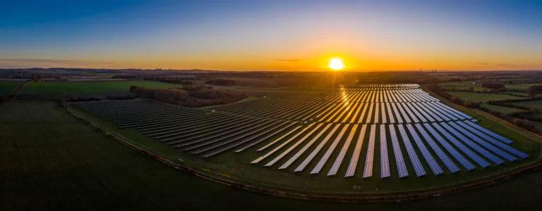 Sunset over a solar farm.