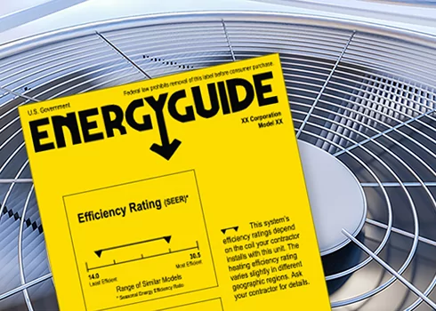 An ENERGYGUIDE label on a heat pump showing its SEER efficiency rating, vital for TVA EnergyRight savings.