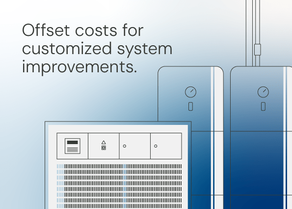Offset costs for customized system improvements. Depiction of modern energy systems and a digital display showing savings.