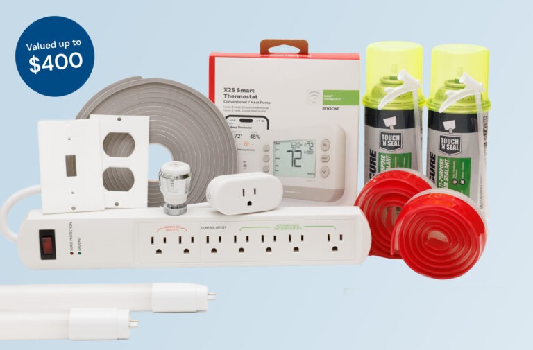 EnergyRight kit featuring a smart thermostat, LED lighting, foam sealant, weatherstripping, smart power strip, and outlet insulation valued up to $400.