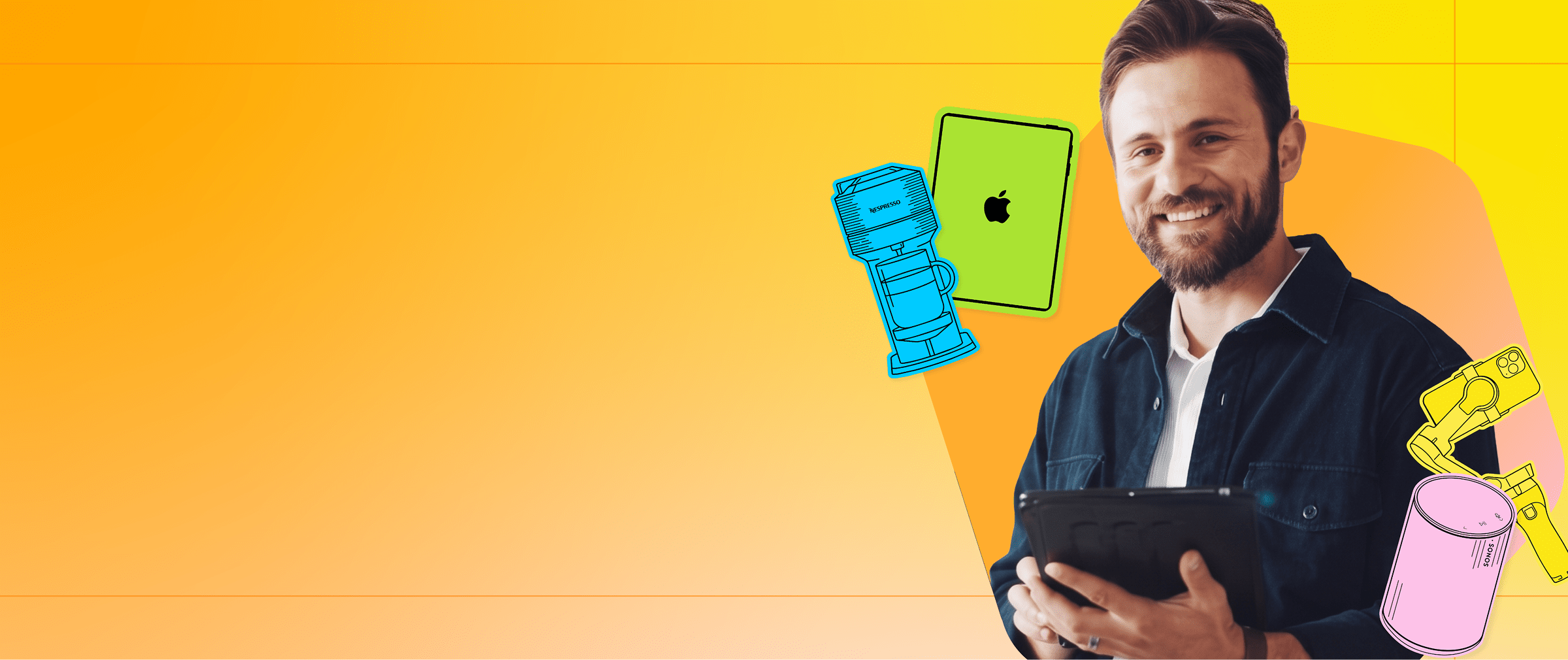 Smiling TVA Energy Expert with a tablet, surrounded by illustrations of modern living tech: Nespresso, iPad, smartphone, Sonos.