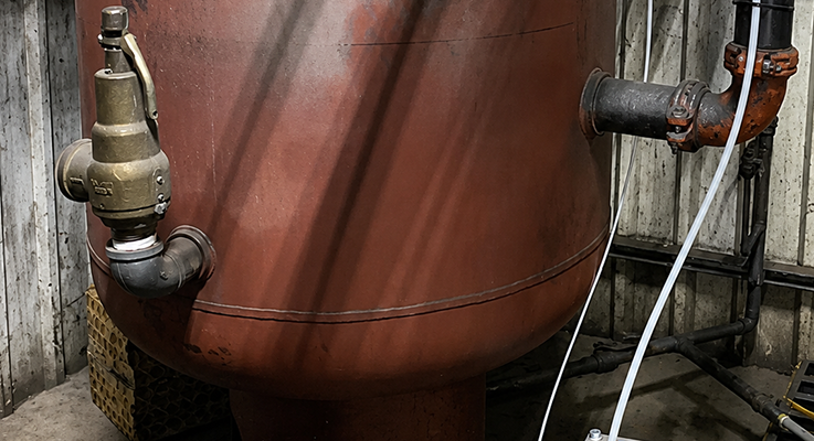 Red industrial compressed air tank with a brass pressure relief valve, representing an EnergyRight business audit target.