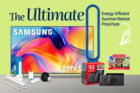 The Ultimate Energy-Efficient Summer Retreat Prize Pack: Samsung smart TV, smart thermostat, power strip, plugs, and Nintendo Switch.