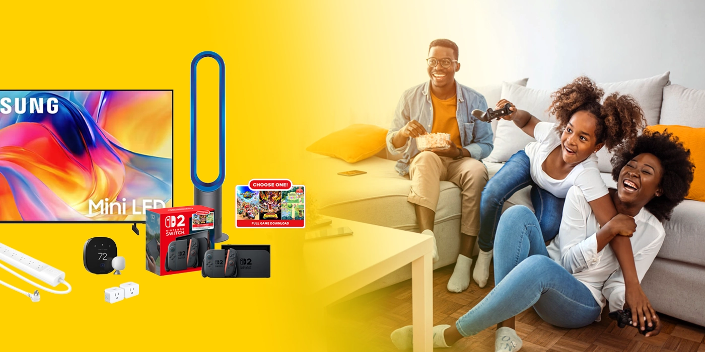Smart thermostat, smart plugs, Mini LED TV, gaming system, and air purifier. A family enjoys comfortable home entertainment.