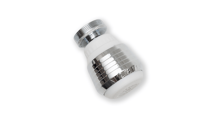 Chrome and white faucet aerator, an energy-efficient device with a 1.8 GPM flow rate, reducing water use.