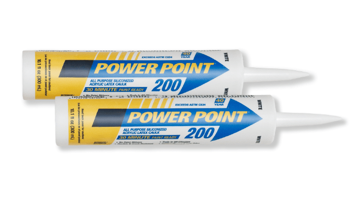 Two white tubes of Power Point 200 40-year acrylic latex caulk, 30-minute paint ready, for energy-efficient home air sealing.