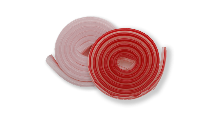 Two coiled rolls of weatherstripping, one light pink and one red and white striped, representing home air sealing for energy savings.