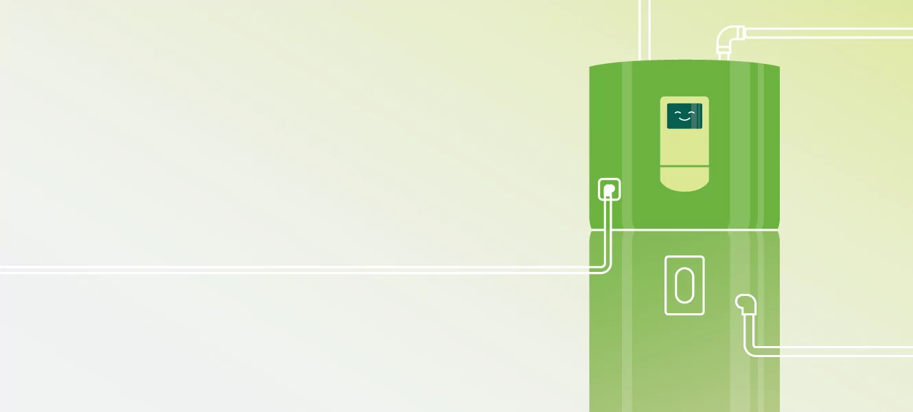 Stylized green electric water heater with a happy face on its digital screen, representing smart, energy-efficient home comfort.