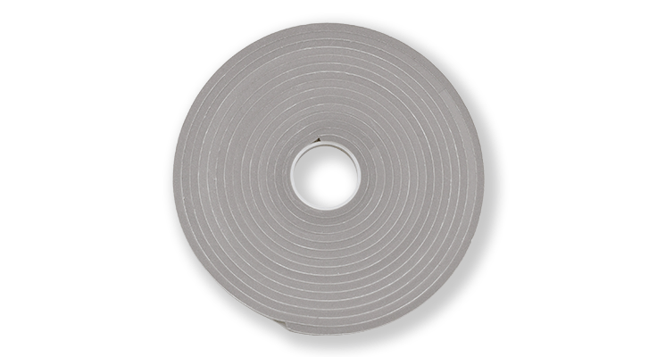 Grey foam weatherstripping roll for sealing drafts and enhancing home energy efficiency.