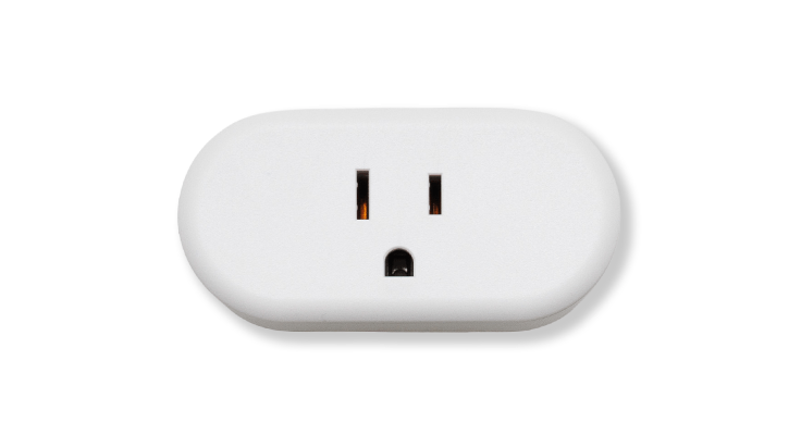 White smart plug with a three-prong outlet, used to automate and monitor energy usage for improved home efficiency.