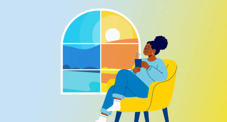 A person relaxes by a window with scenes of all seasons, symbolizing consistent, energy-efficient home comfort.