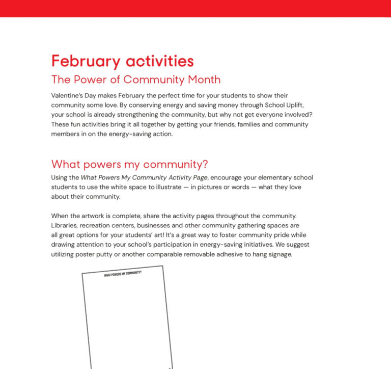 February activities: The Power of Community Month. Students create energy-saving art for 'What Powers My Community?' initiative.