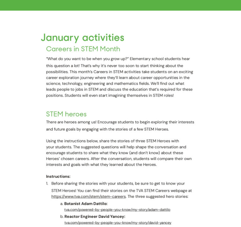 January activities for students on STEM careers, featuring TVA STEM Heroes like Botanist Adam Dattilo and Reactor Engineer David Yancey.