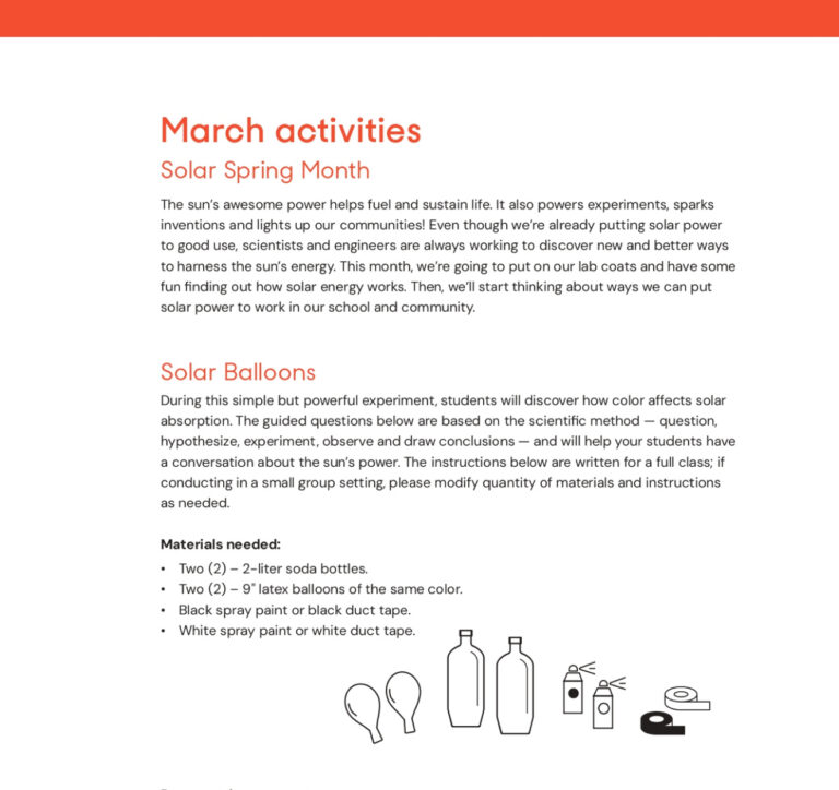 Illustrations of materials for a Solar Balloons experiment: balloons, soda bottles, spray paint, and tape, supporting EnergyRight's Solar Spring Month.