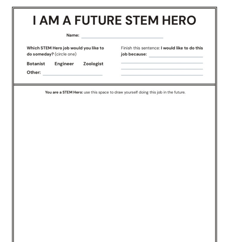 TVA EnergyRight STEM worksheet: 'I AM A FUTURE STEM HERO,' asking students to choose a future STEM career (e.g., Engineer) and explain why.