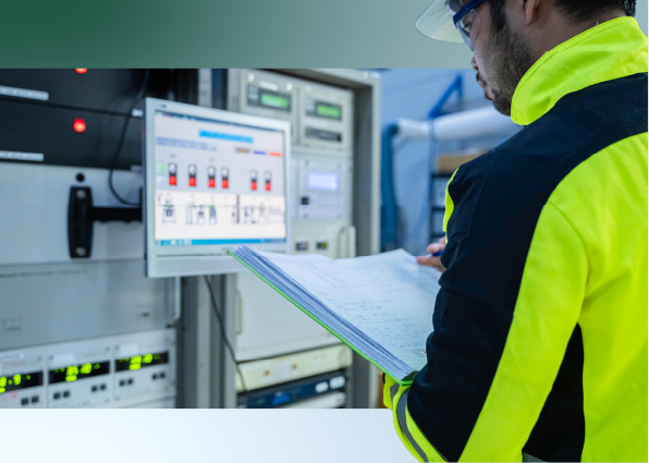 A TVA Energy Expert in safety gear reviews energy system performance data on a monitor, ensuring operational efficiency.
