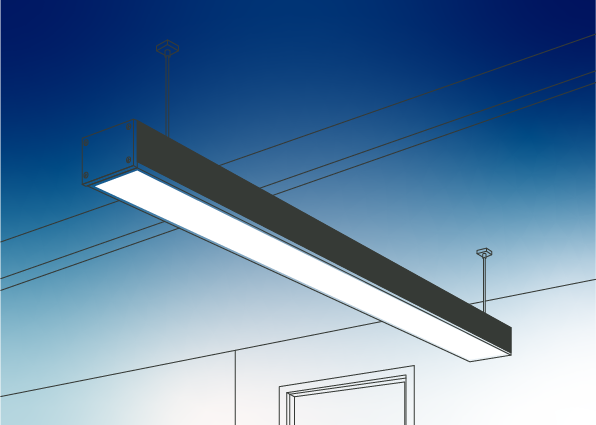 Bright, modern LED lighting fixture suspended from a ceiling, demonstrating energy-efficient commercial lighting.