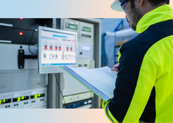 TVA Energy Expert in safety gear monitoring energy systems via a digital interface and reviewing technical documents.