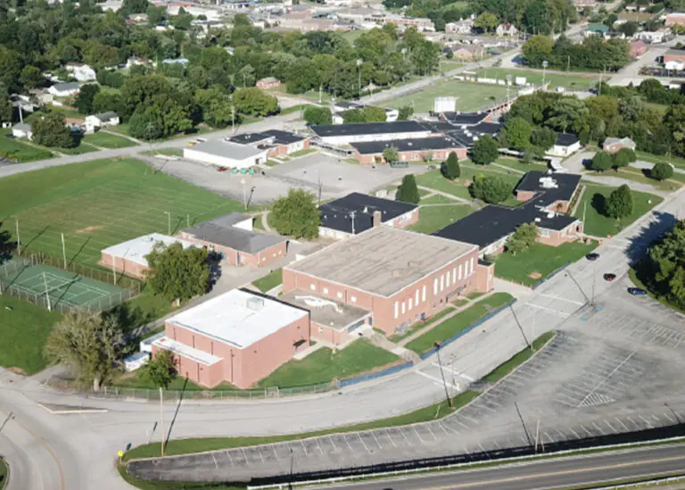 Aerial view of a community school campus, a potential site for TVA EnergyRight efficiency upgrades like LED lighting and heat pump systems.