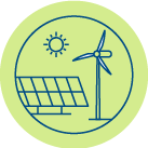 Green icon with solar panels, a sun, and a wind turbine, representing renewable energy generation.