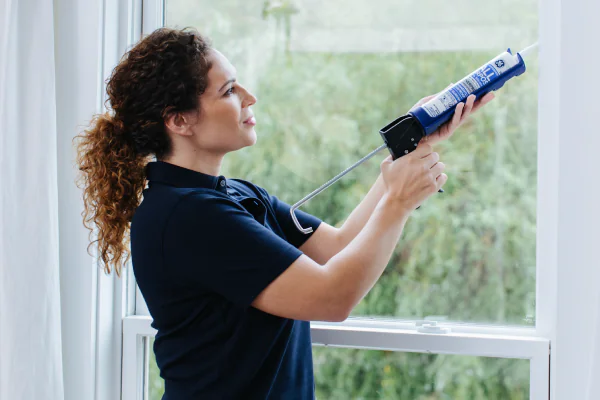 Women sealing her windows.